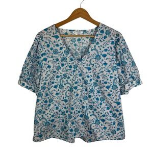 Draper James Floral Paisley Blouse Size XL Blue V-Neck‎ Puff Sleeve Cottagecore